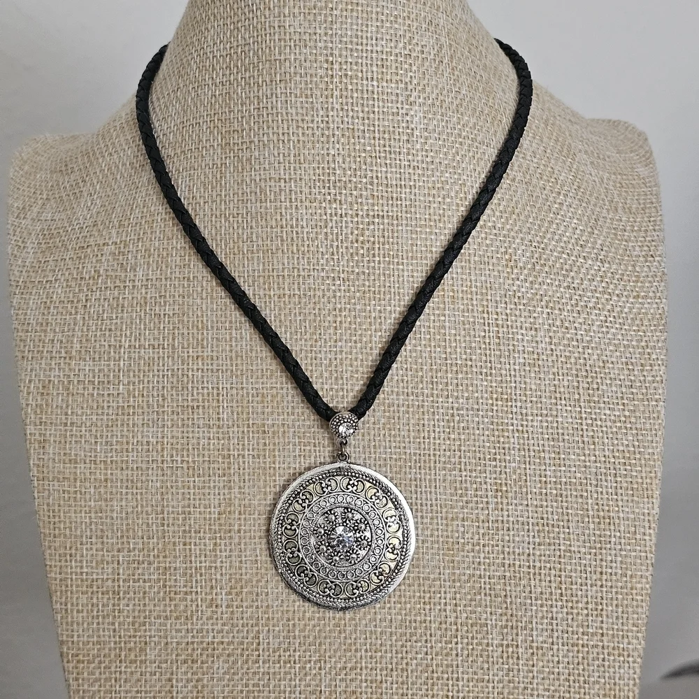 Lia Sophia Silver Medallion Necklace on Black Cord